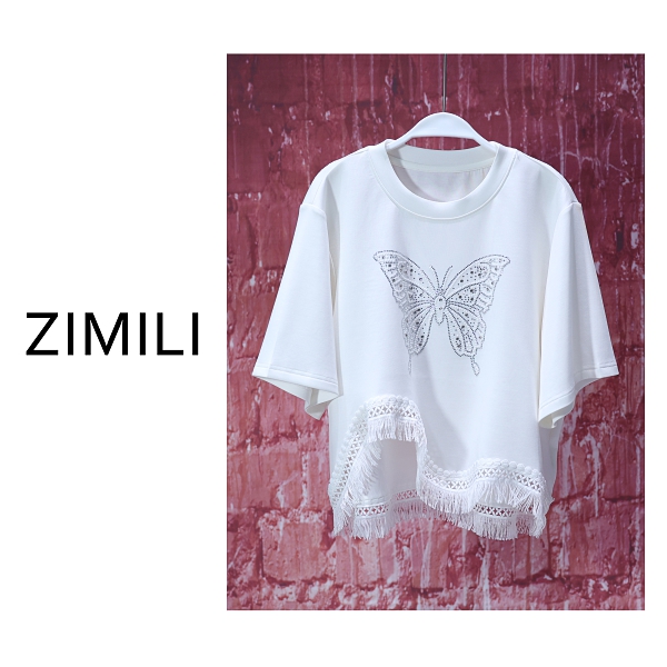 【亮哥女装】2025欧版轻薄透气月光白蕾丝下摆蝴蝶烫钻休闲短袖9139