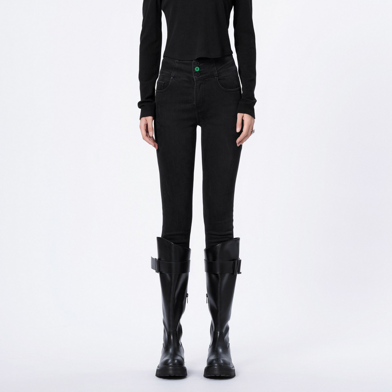 U/TI黑色撞色高腰修身小脚裤女装百搭加绒休闲裤