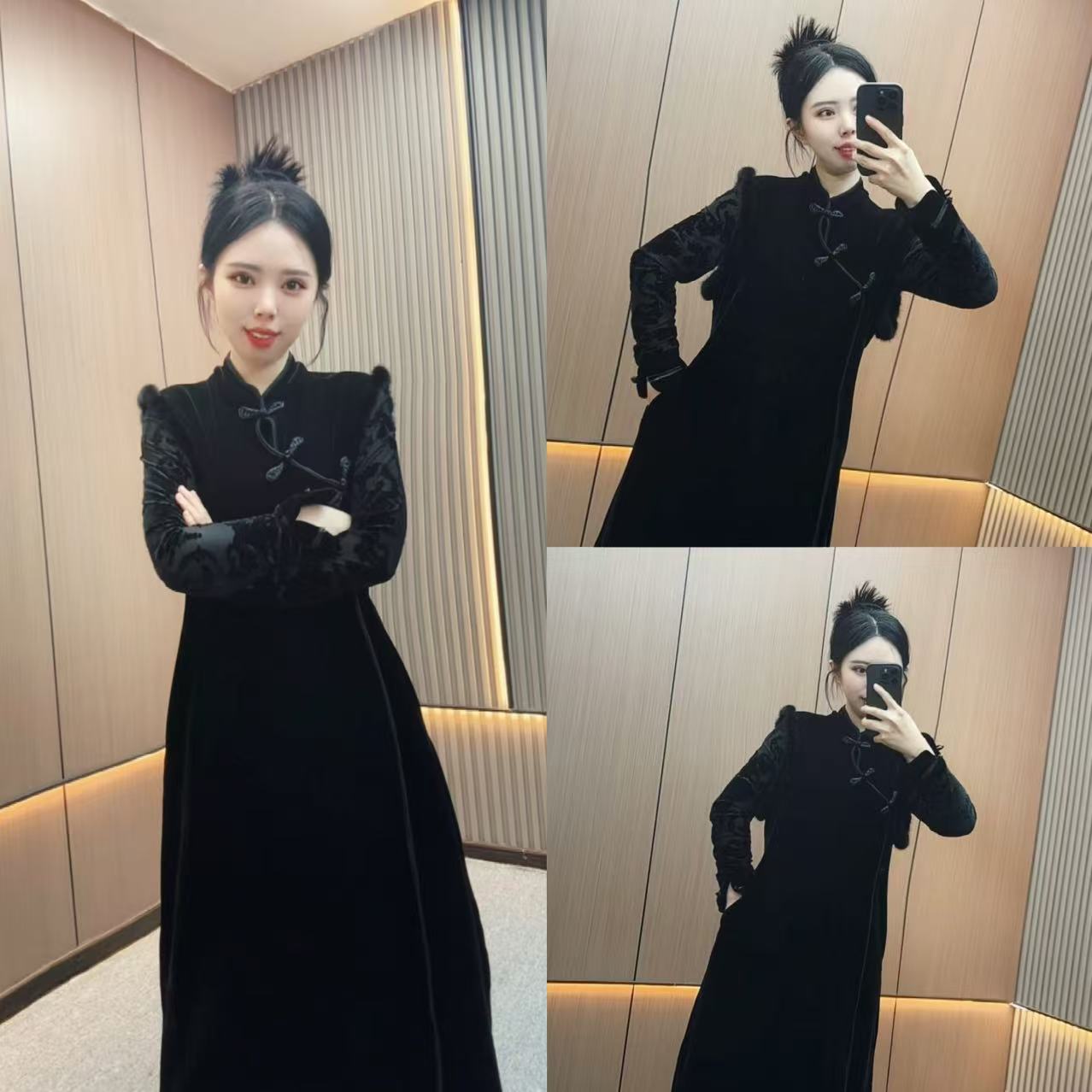 韩寒家-HH8885新款拼接丝绒马甲长裙百搭定制盘扣加绒款秋冬单件