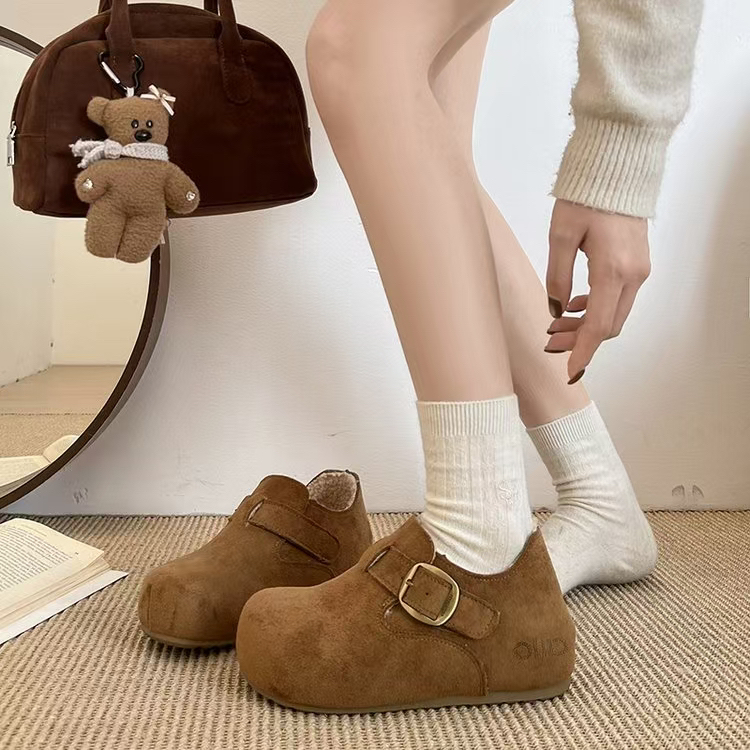 【厚底勃肯】复古秋冬新款韩版圆头磨砂软皮加绒保暖休闲棉鞋勃肯鞋