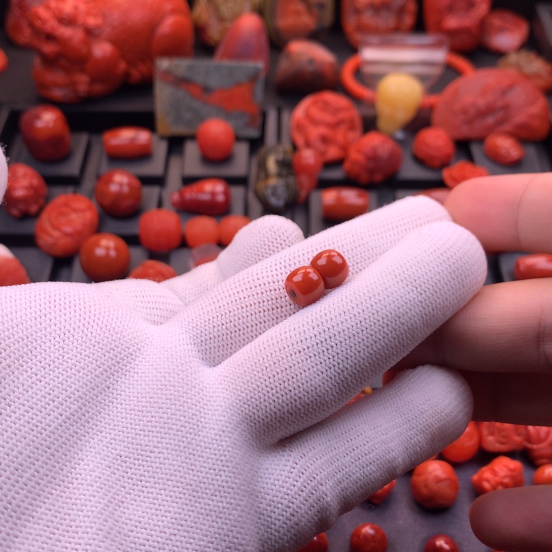 南红玛瑙未镶嵌【传仁】川料原矿火焰纹柿子红老型对珠8.5mm