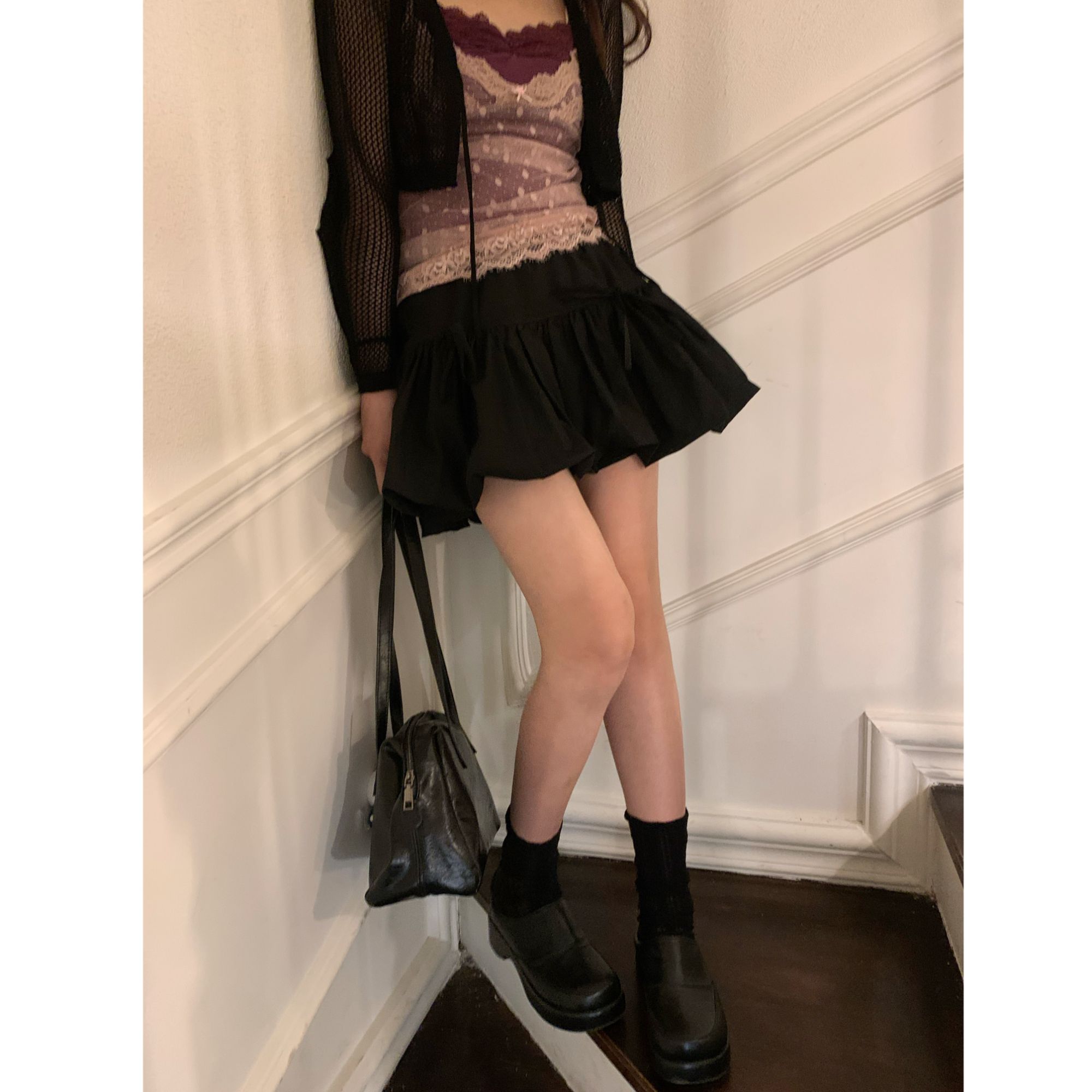 夏季黑色显瘦泡泡蓬蓬小个子花苞裙