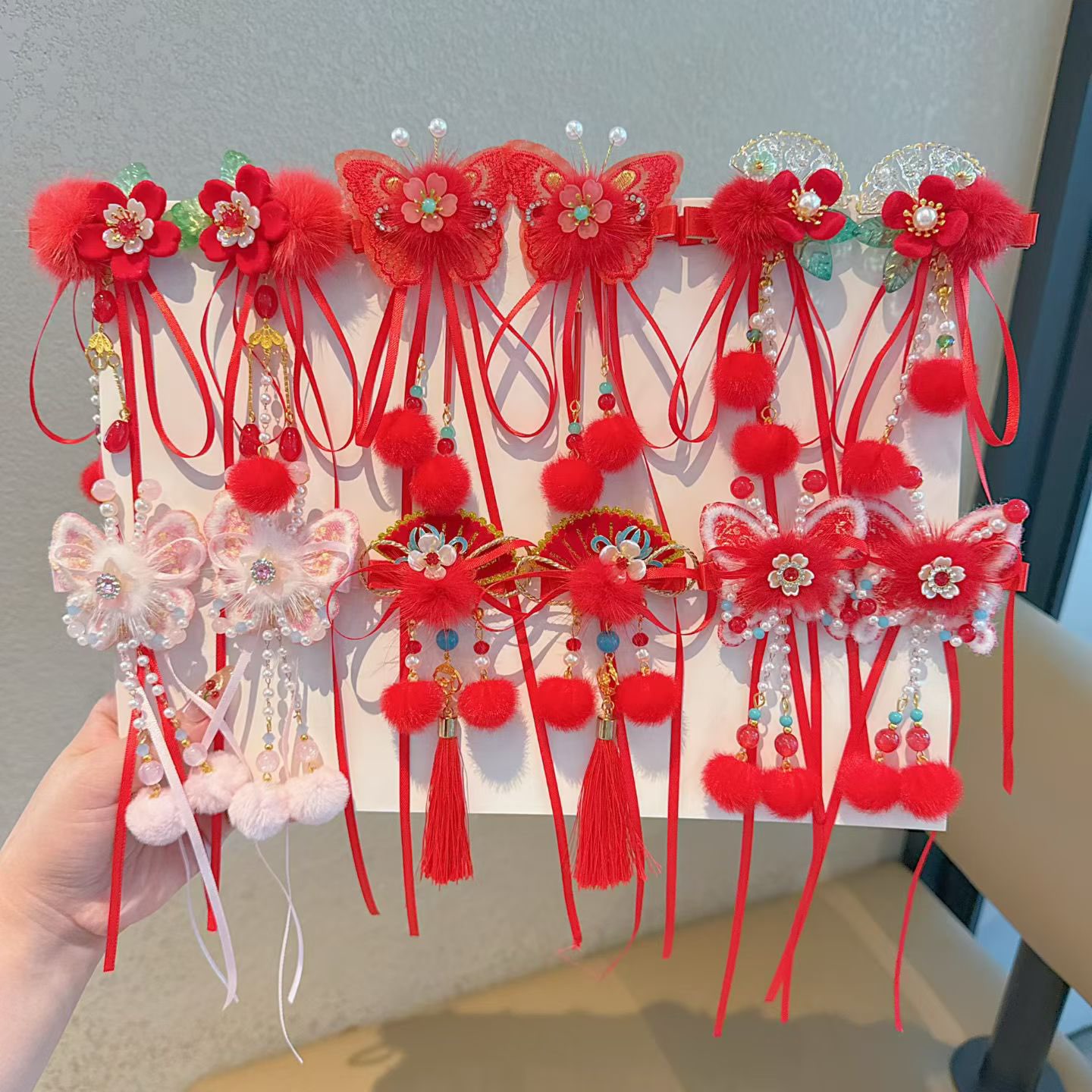 新年古风女童头饰红色中国风宝宝过年头花小女孩发饰发卡儿童发饰