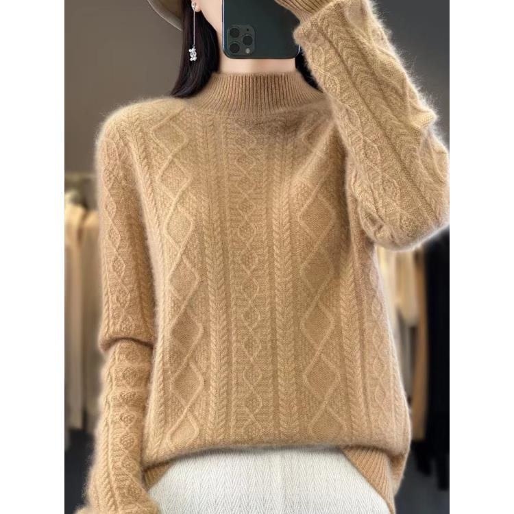 涵玖玥【100羊毛】重工交叉绞花厚款气质长袖上衣Zm07-907