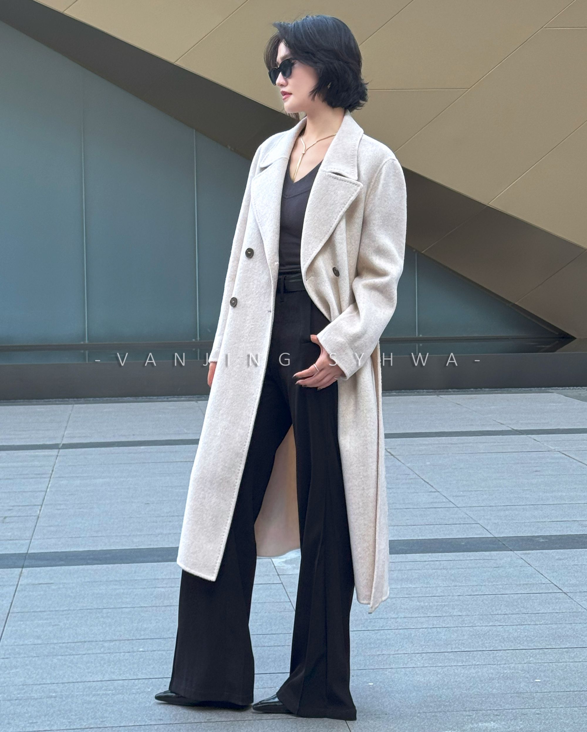 VanJing Syhwa  100%全羊毛雪绒色过膝长款束腰修身大衣