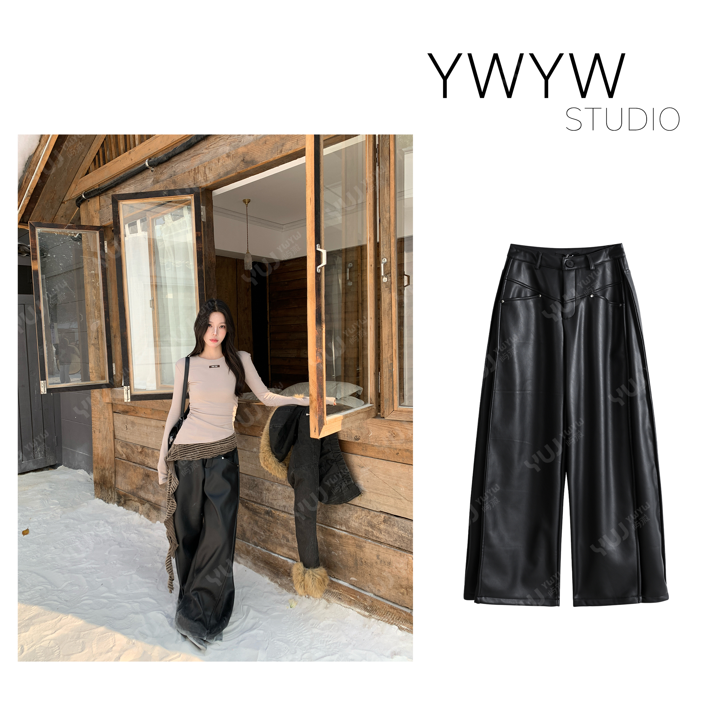 【YWYW25F/W】设计感哑光直筒阔腿宽松拖地PU休闲皮裤6032