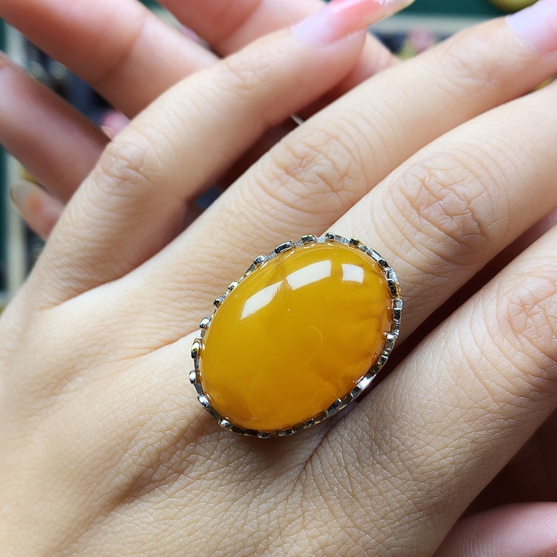 蜜蜡戒指银S925镶嵌戒指