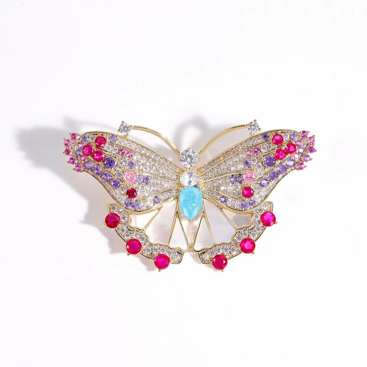 铜合金贝壳胸针 时尚重工百搭白贝粉蝴蝶胸针6206