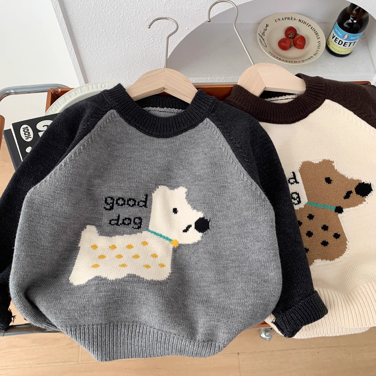男童秋冬洋气针织衫中小童卡通小狗毛衣打底衫儿童拼色圆领毛线衣