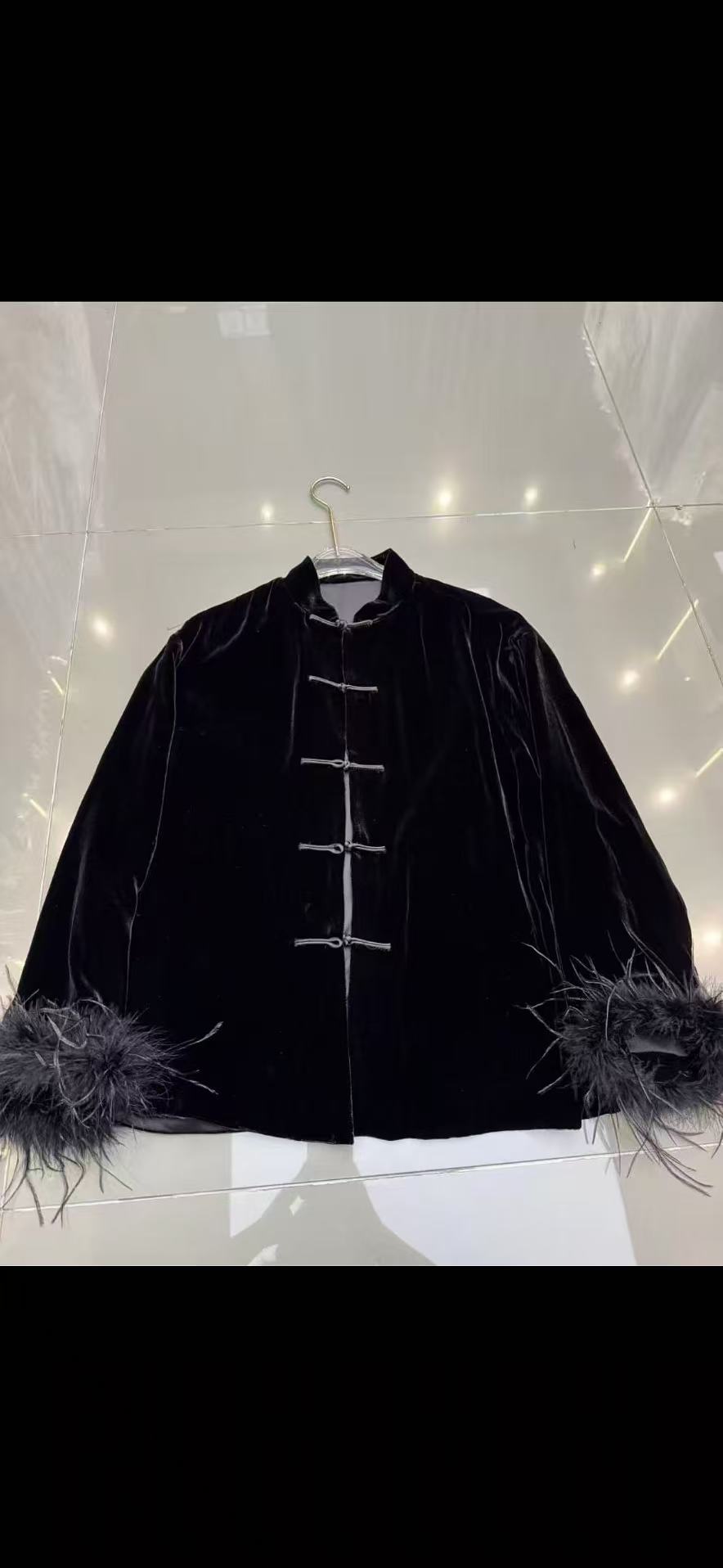 立领盘扣真丝丝绒袖口拼接鸵鸟毛新中式棉服外套