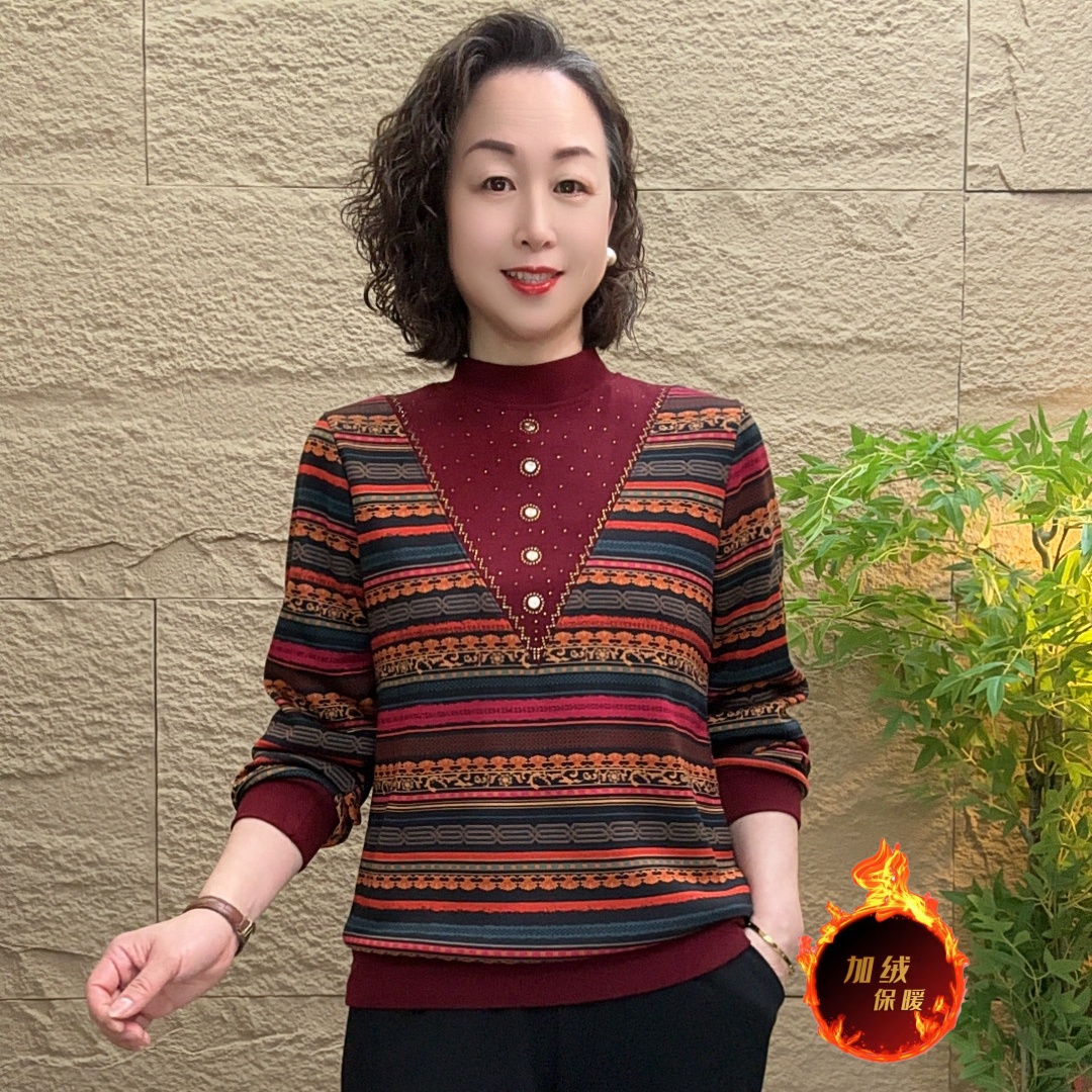 妈妈装冬季加绒保暖时尚洋气内搭气质中老年女装时尚休闲圆领上衣