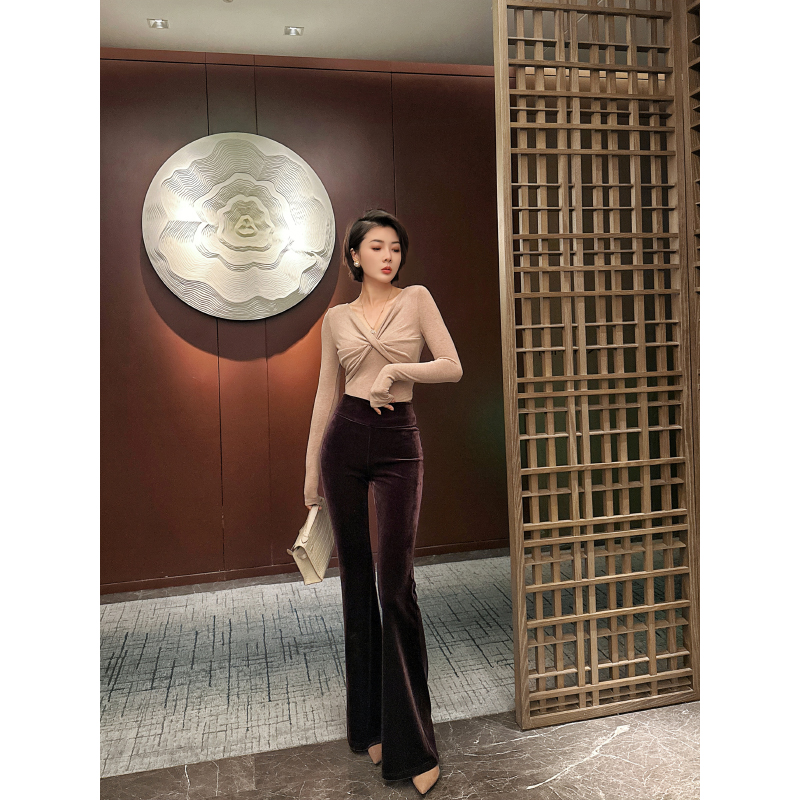 XULU原创韩国定制纯色丝绒休闲裤气质修身显瘦显腿长高腰微喇长裤