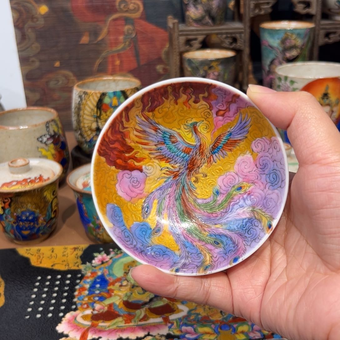 慕*手工手绘凤凰茶杯