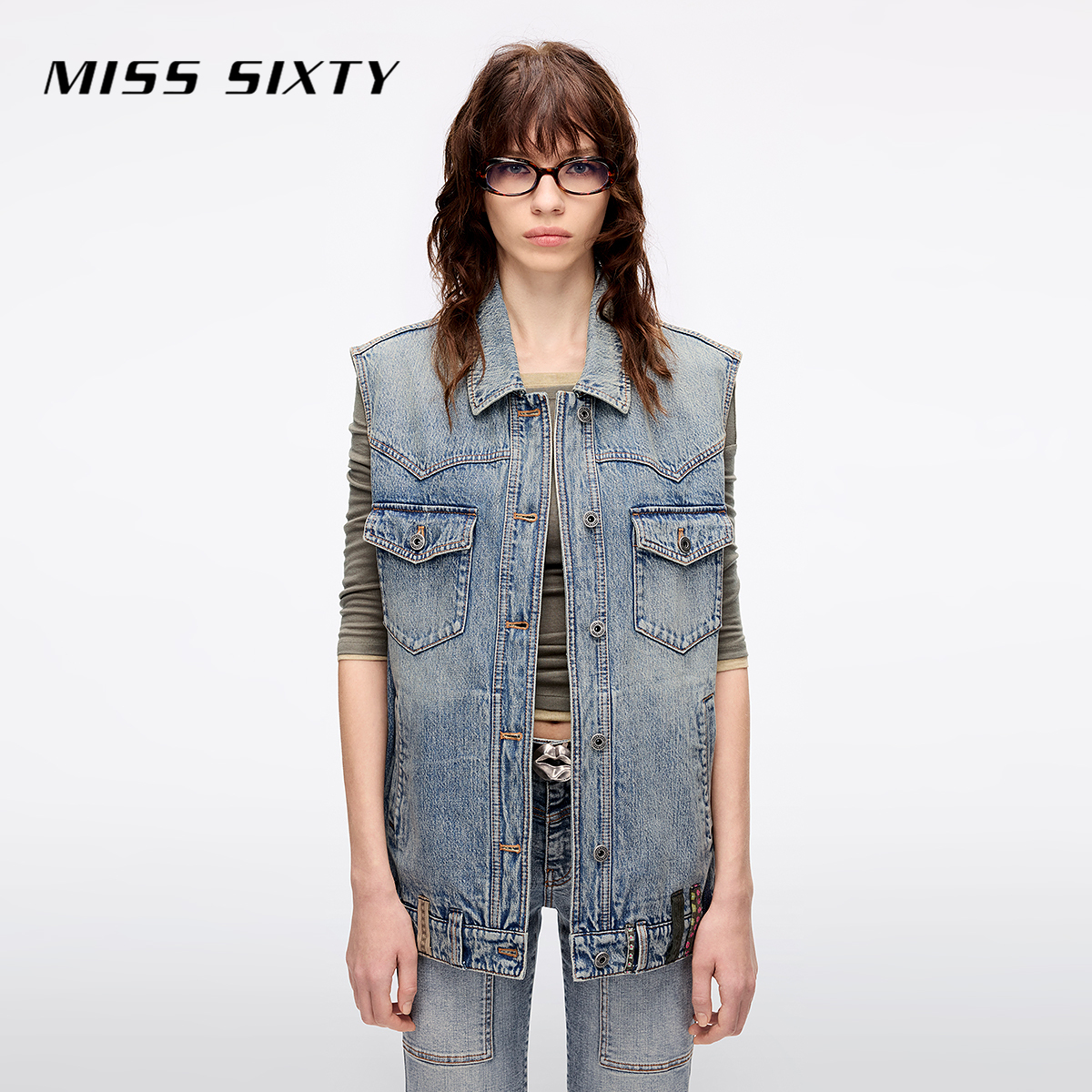 Miss Sixty2025夏季新款工装牛仔马甲女复古洗水多耳仔设计宽松