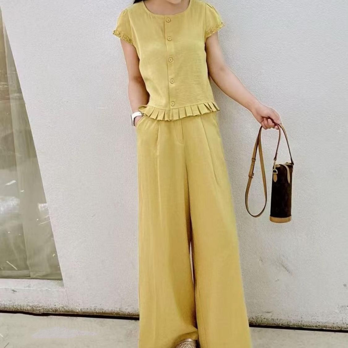 2025夏季新款小飞袖木耳边单排扣上衣+高腰直筒阔腿裤韩系两件套
