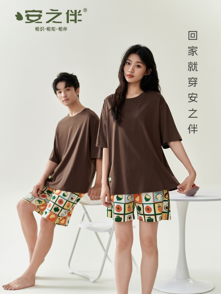 安伴情侣睡衣女夏季新款凉感纯棉短袖短裤卡通男孩粉底液内衣