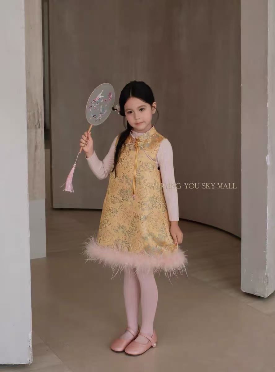 炸 新中式国家女童公主裙两件套过年古风羽毛气质裙加绒冬季