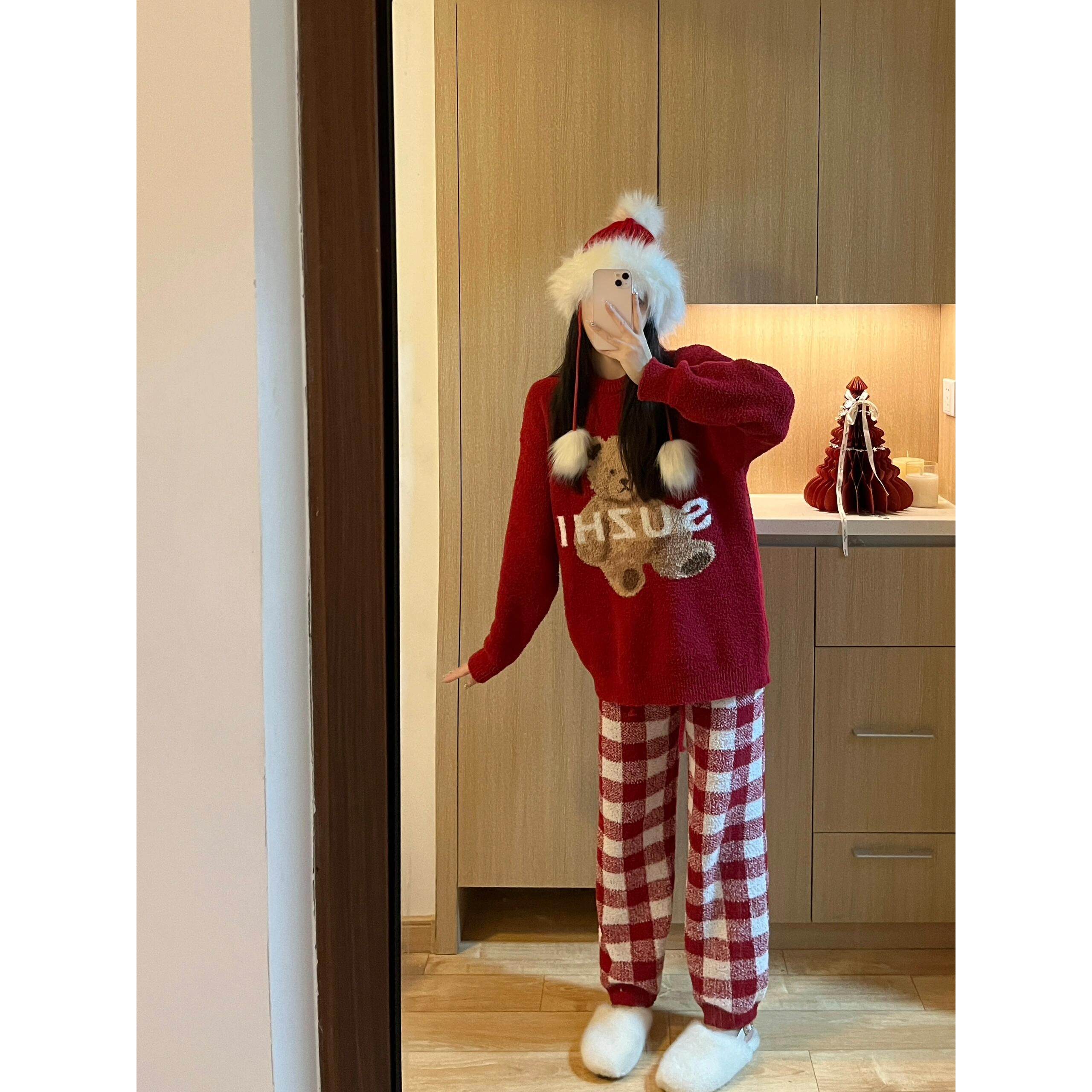 可爱圣诞新年红卡通小熊针织半边绒睡衣女冬季加绒加厚套装家居服