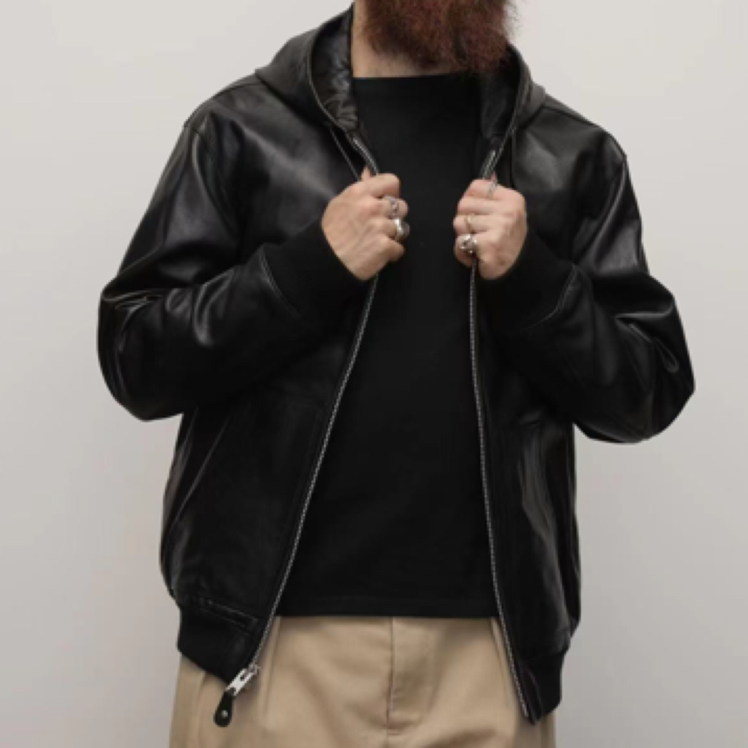 连帽简约大气进口羊皮皮衣休闲男士百搭时尚经典黑色潮流螺纹袖