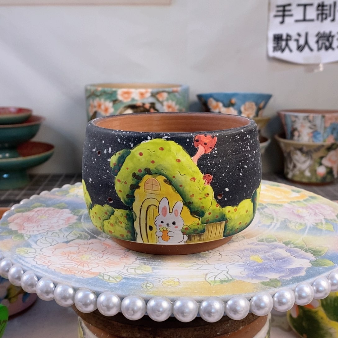 紫砂花盆红陶手绘花盆
