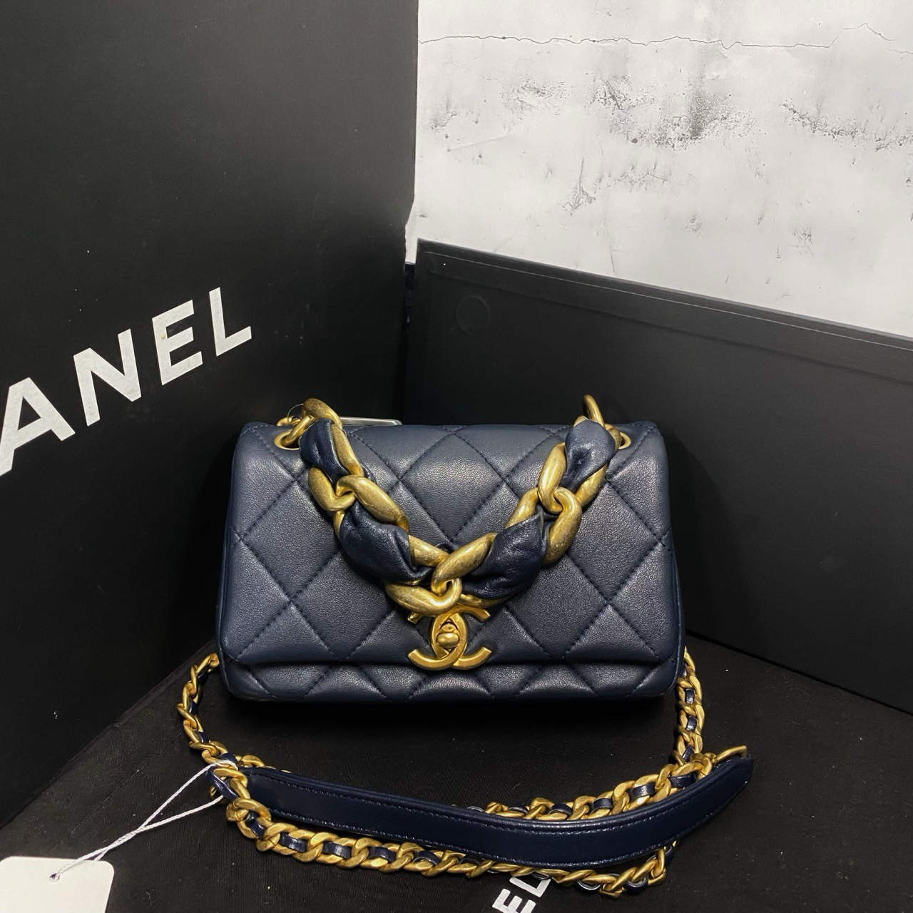 99新 Chanel/香奈儿 香奈儿21P粗链条海军蓝miniCF 31开有卡有票
