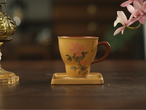 【花间·茶器】紫砂主人把手杯葫芦杯花开富贵·大红袍粉浆段泥·100cc