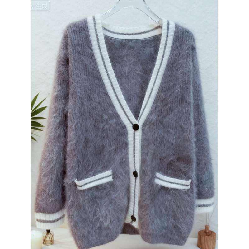 【灰白像素】100%山羊绒拉绒Miu系轻奢秋冬新款大版撞色气质开衫