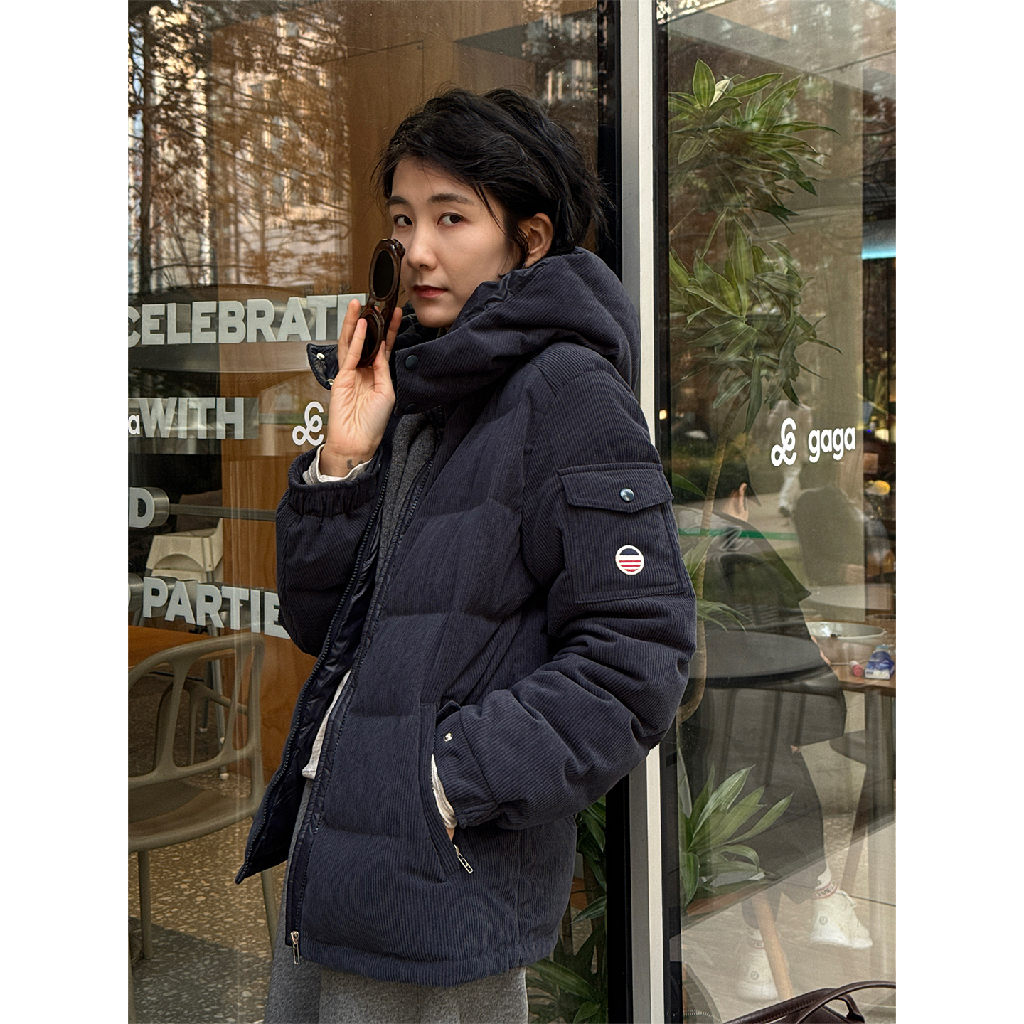 LANGQING 灯芯绒帽子可拆卸白鹅绒外套47353#