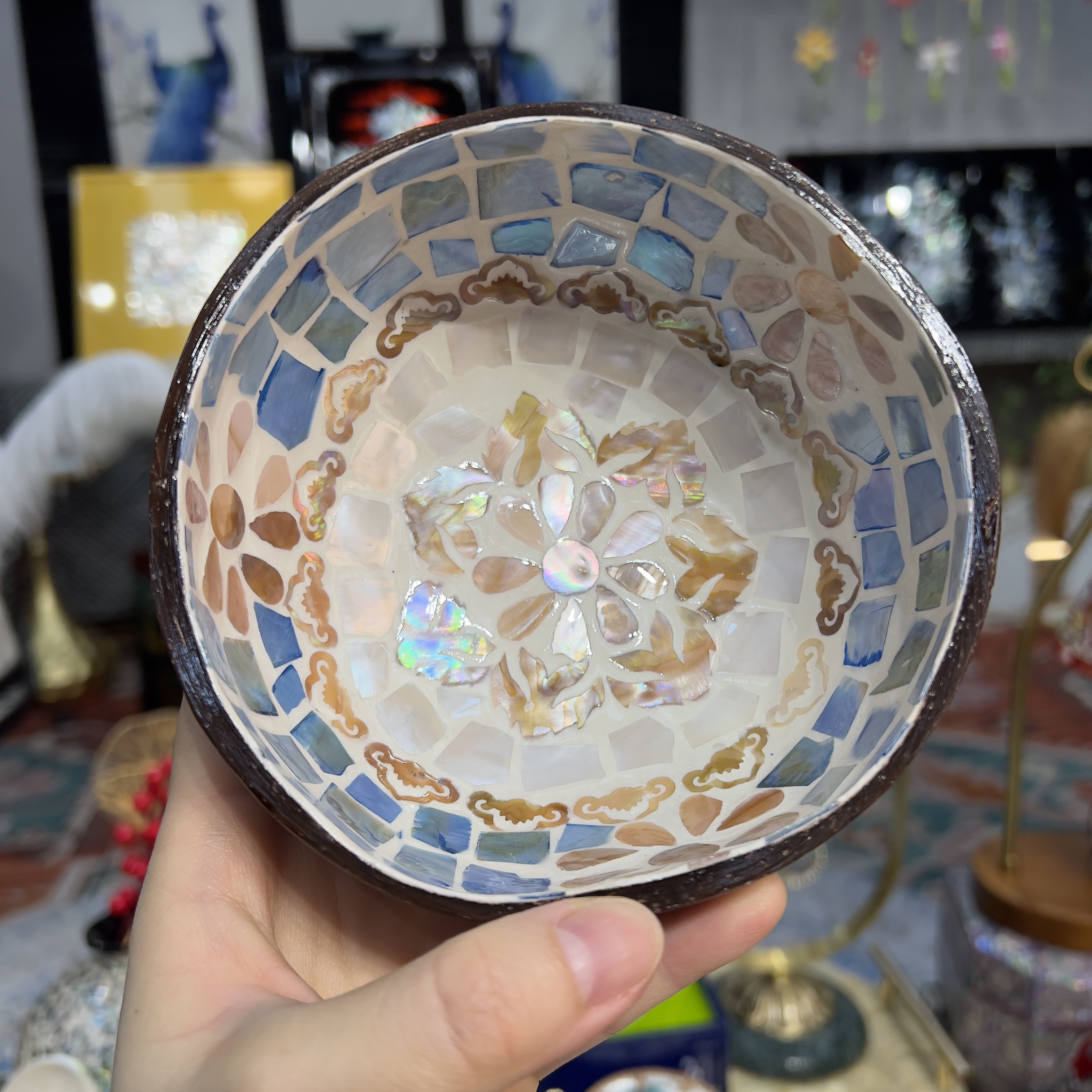 KA-||【贝壳碗】天然椰木贝壳手工镶嵌碗摆件直径约13cm