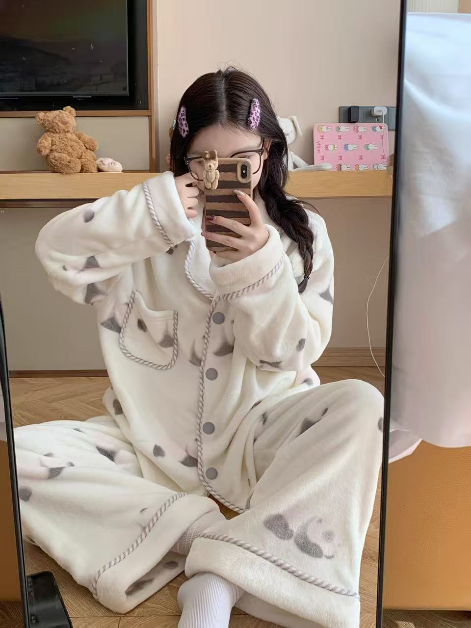 【野-熊猫嘭嘭-男女同款白】新潮牌可外穿法兰绒居家服秋冬加厚套装