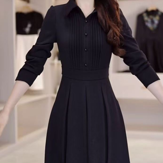 A132高端时尚长袖妈妈连衣裙女2025秋冬新款小个子收腰显瘦中长款