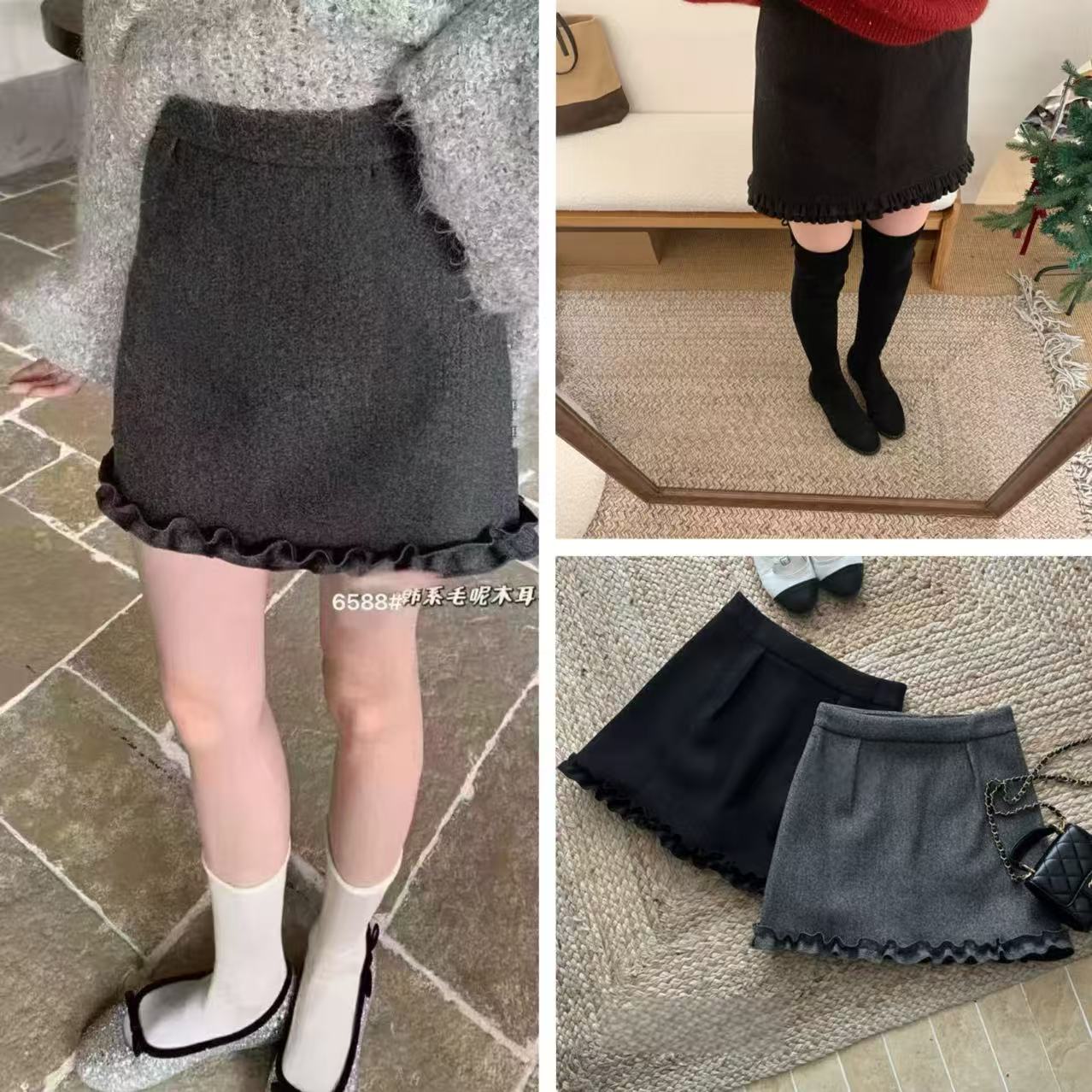 婷婷精选6588款设计感小众花边拼接毛呢短裙显瘦百搭a字半身裙