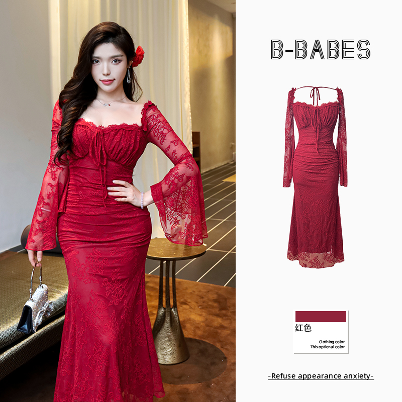 B-babes【红黛美人】法式轻奢蕾丝绑带包臀裙方领掐腰喇叭袖连衣裙
