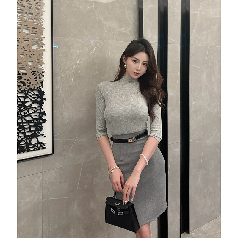 【韩佳人】气质半高领内搭上衣通勤百搭包臀裙欲姐基础款套装
