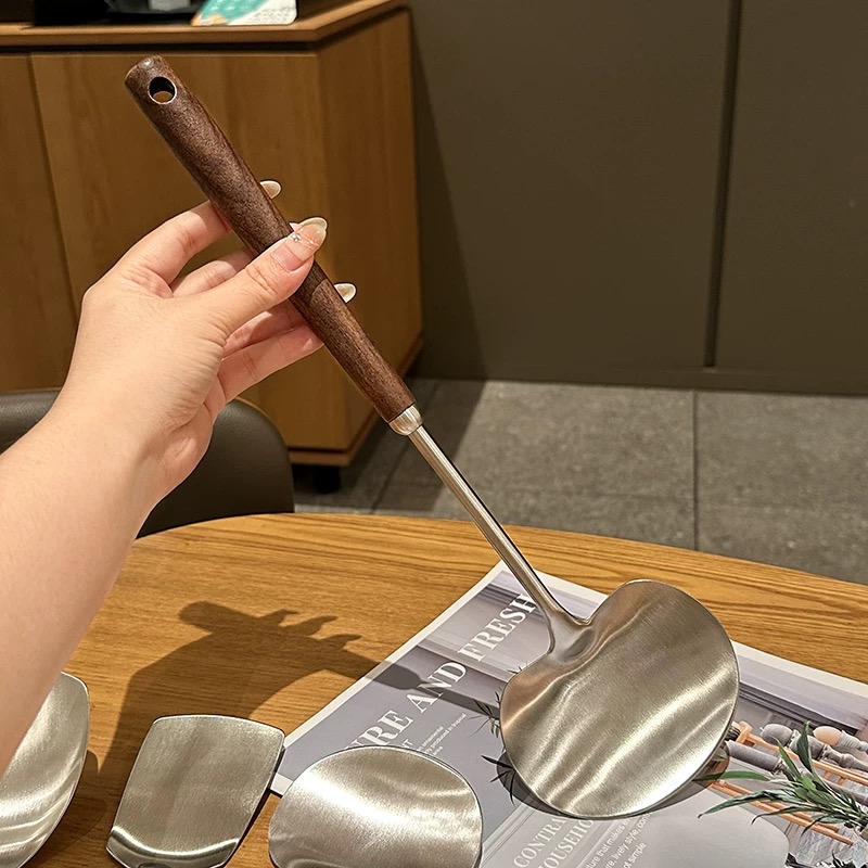 304不锈钢胡桃木蘑菇铲家用小号不粘锅专用铁铲炒勺迷你炒菜铲子