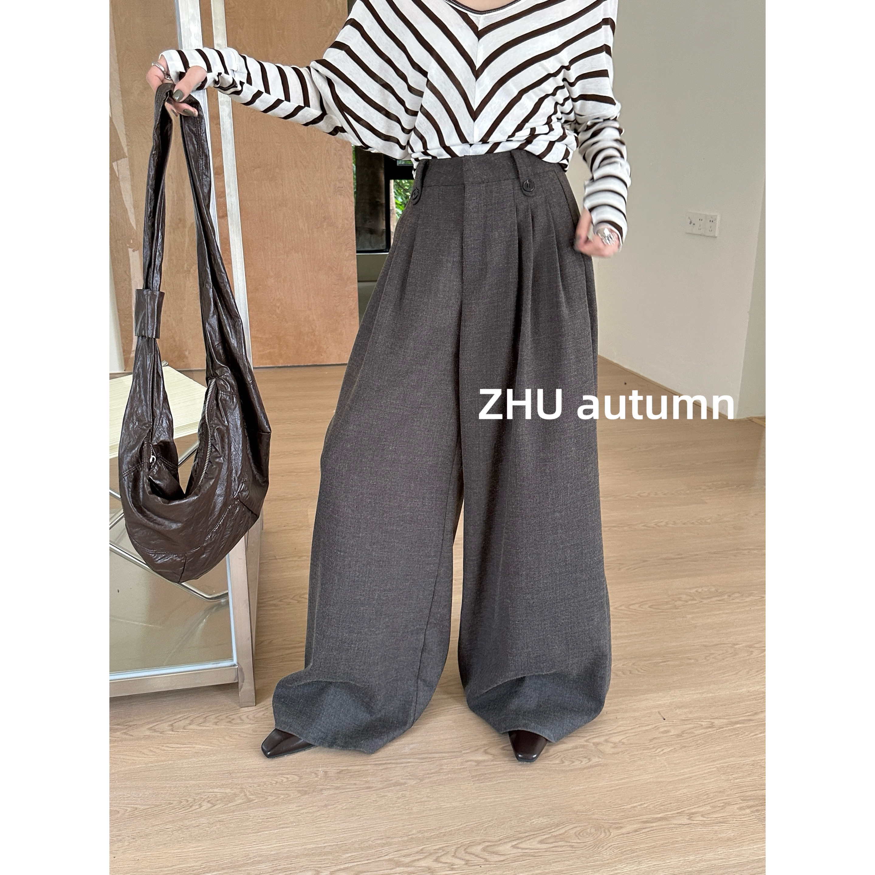 ZHU福秒（9zhu25807#) 松弛主义 高腰压褶垂感阔腿休闲裤10-19