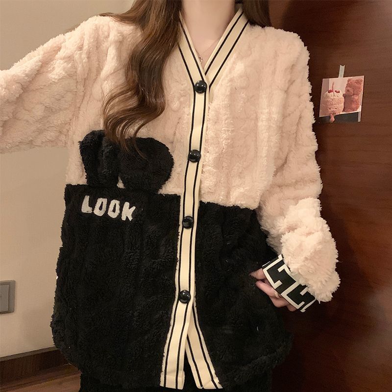 秋冬季珊瑚绒睡衣女长袖保暖法兰绒开衫家加厚加绒居服套装可外穿