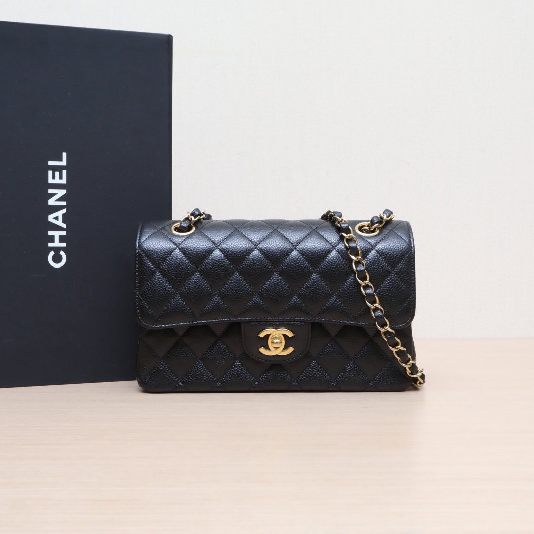 99新 Chanel/香奈儿 小花黑黑CF 口盖包 小号 芯片开 金扣 