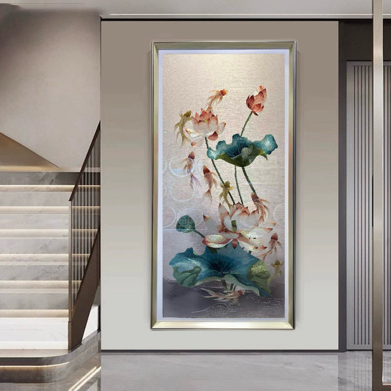 荷花九鱼织锦绣成品新中式高端玄关走廊装饰画