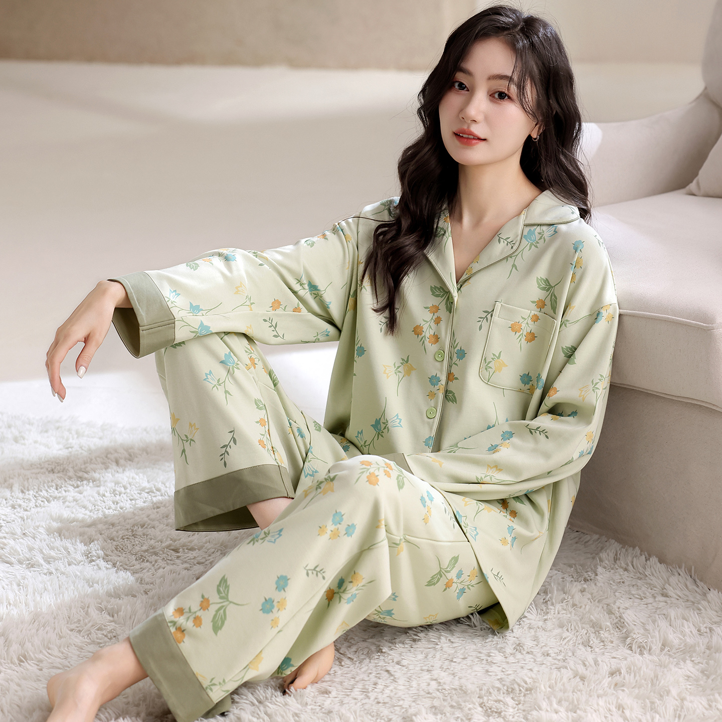 新款莉莉家女士纯棉植物花卉开衫长袖长裤睡衣家居服套装可外穿