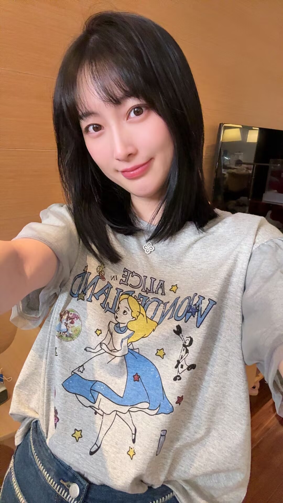 【张静芝】新品 梦幻公主印花灰色网纱拼接泡泡短袖女生T恤