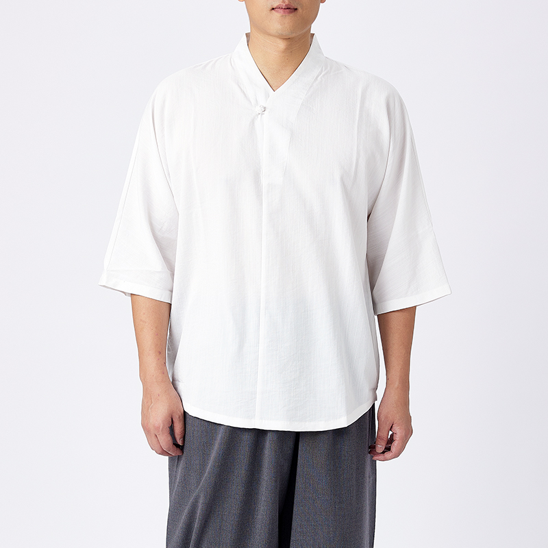 厦梵夏季麻粘V领 T恤亲肤透气禅修服