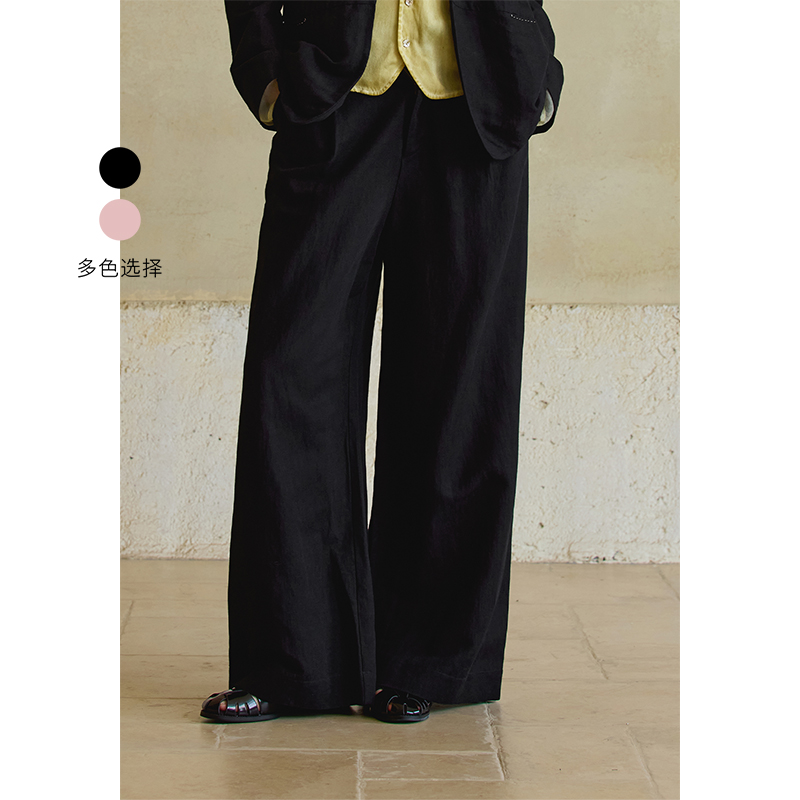 【商场同款新品】自然文艺直筒宽松倒褶亚麻阔腿裤子女款25早春