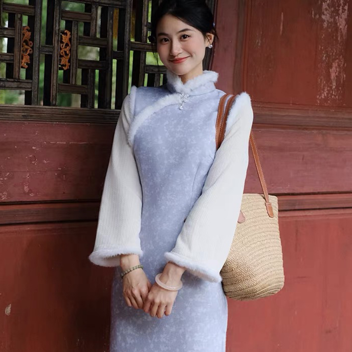 789 年轻款民国风拼接倒大袖《紫韵》旗袍