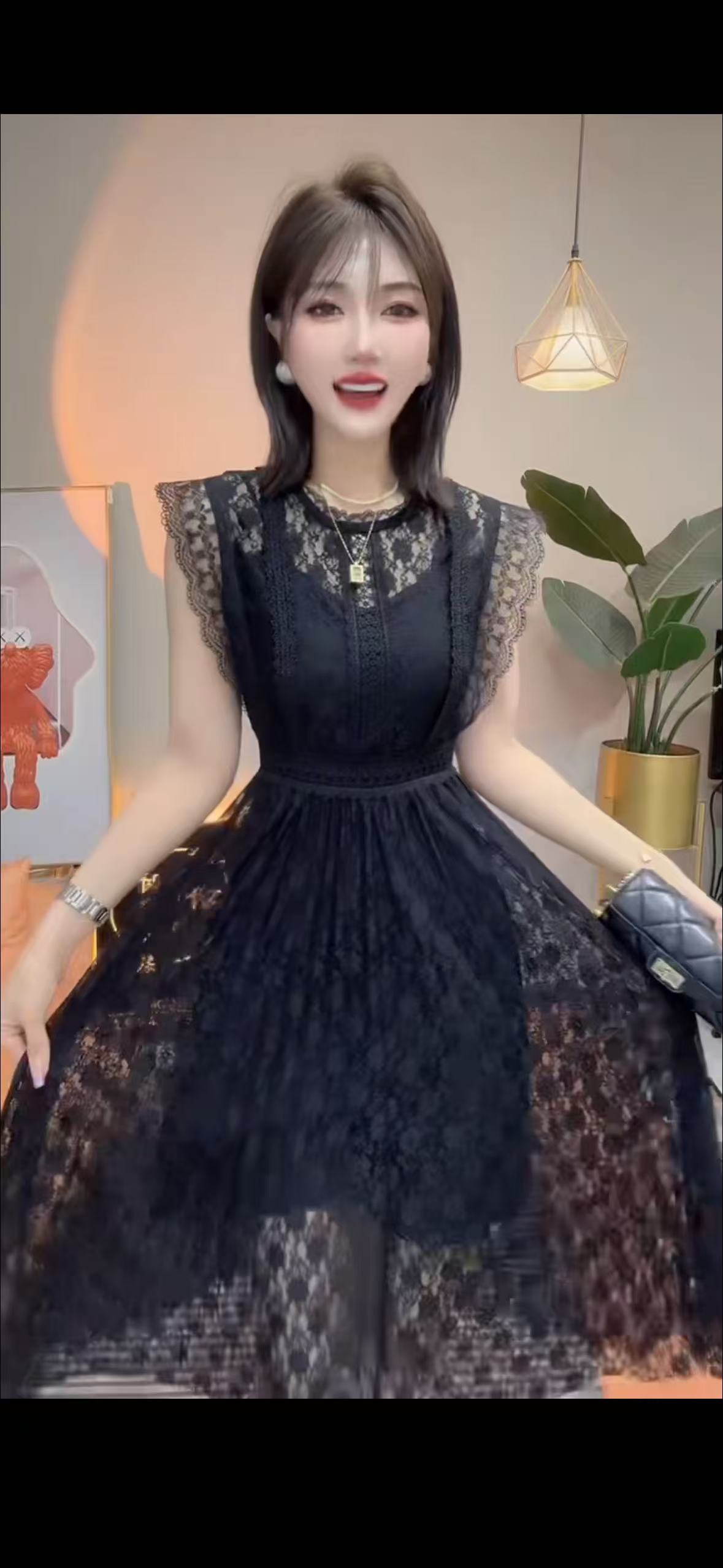 拼接套头长裙立领夏季拉链连衣裙轻奢收腰蕾丝辣妹风