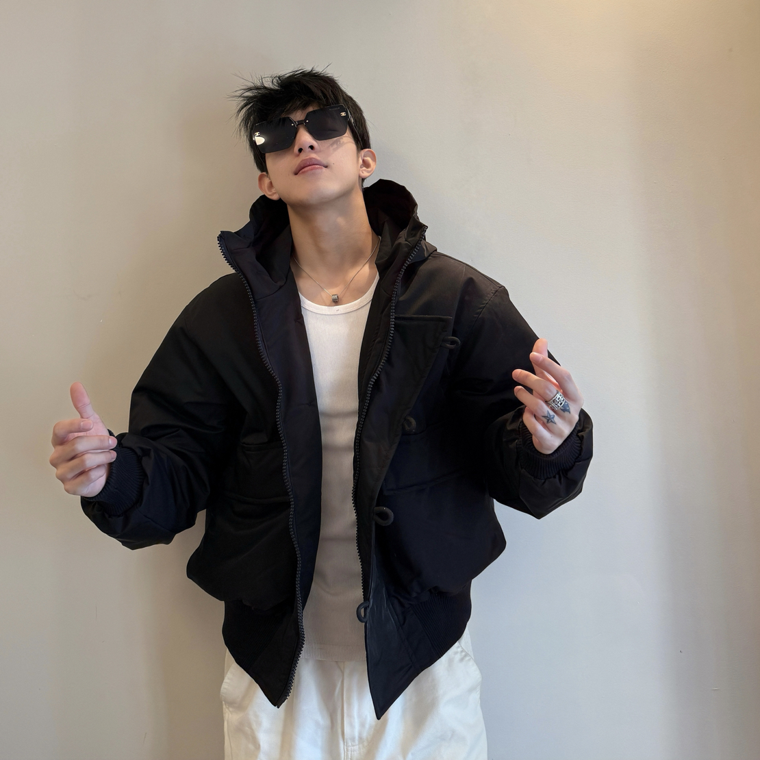 MonsterG冠希风可拆卸毛领连帽羽绒服日系90白鸭绒工装连帽羽绒服