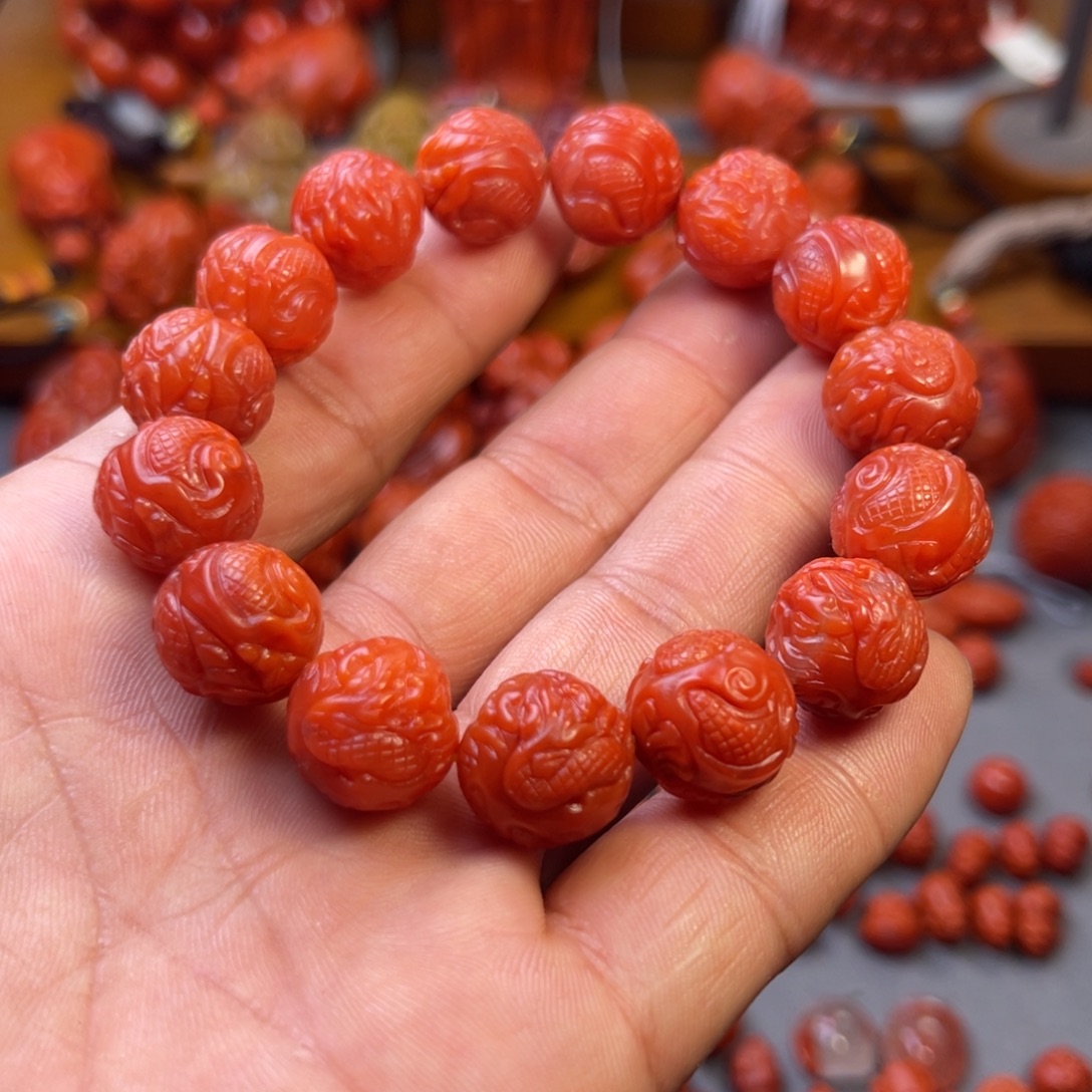 南红玛瑙未镶嵌保山精工龙珠手串14➕