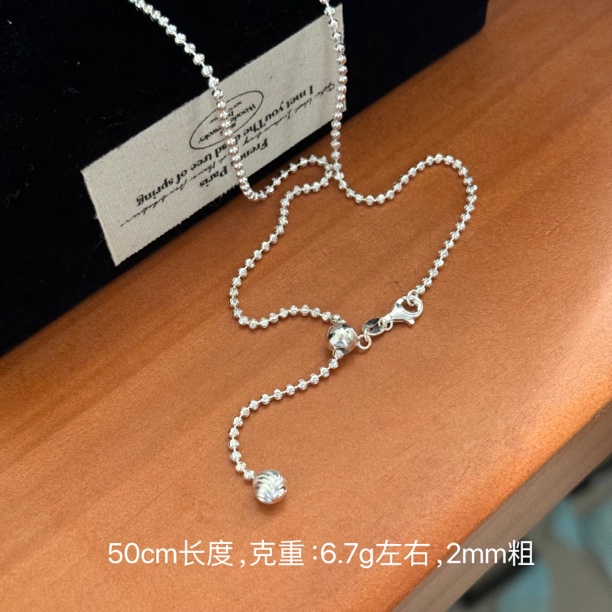 坠链均925银 1041-圆珠猫眼车花抽拉毛衣链素链可调节轻奢气质女