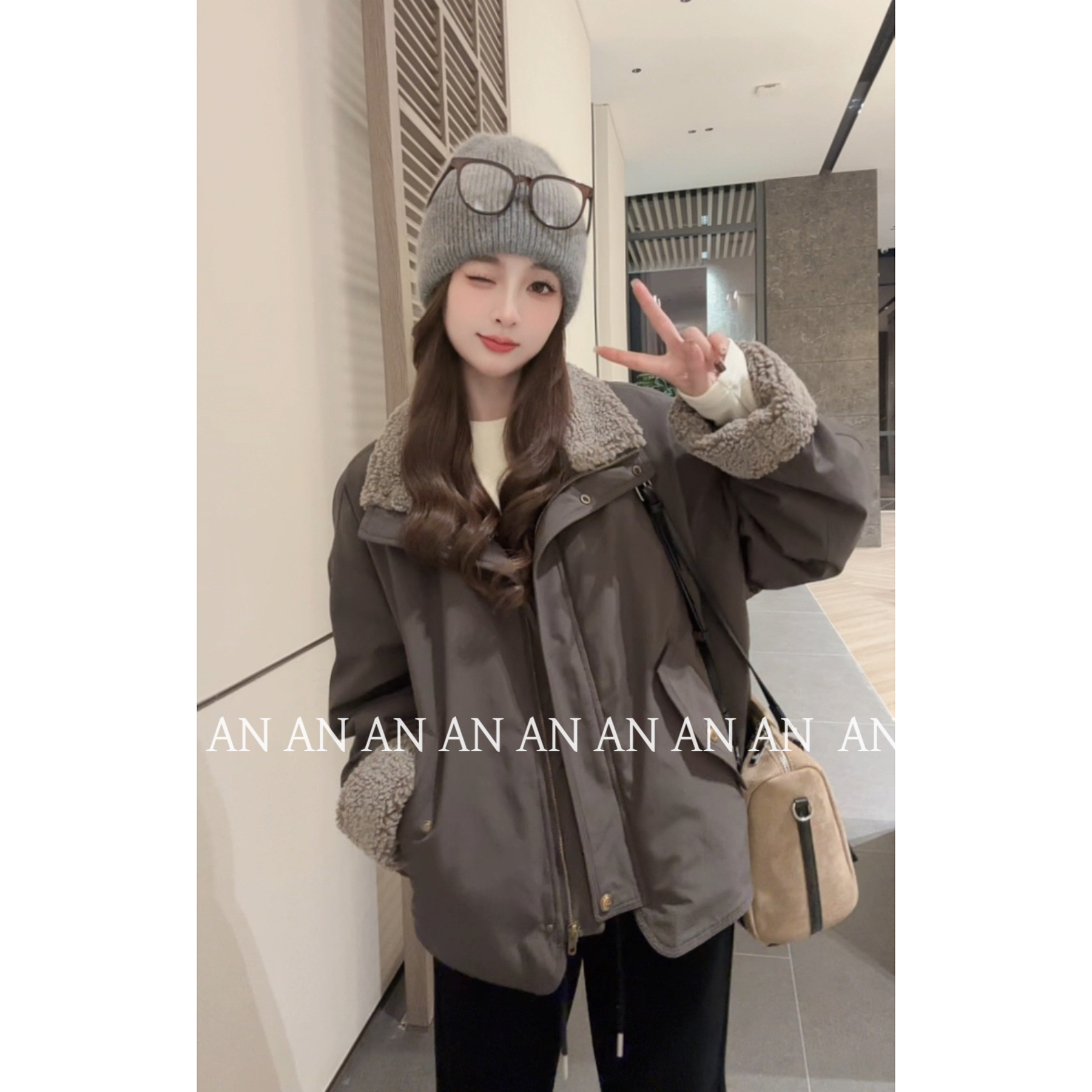 C11229复古冬日感酷潮宽松两扣保暖毛领工装派克服夹棉外套