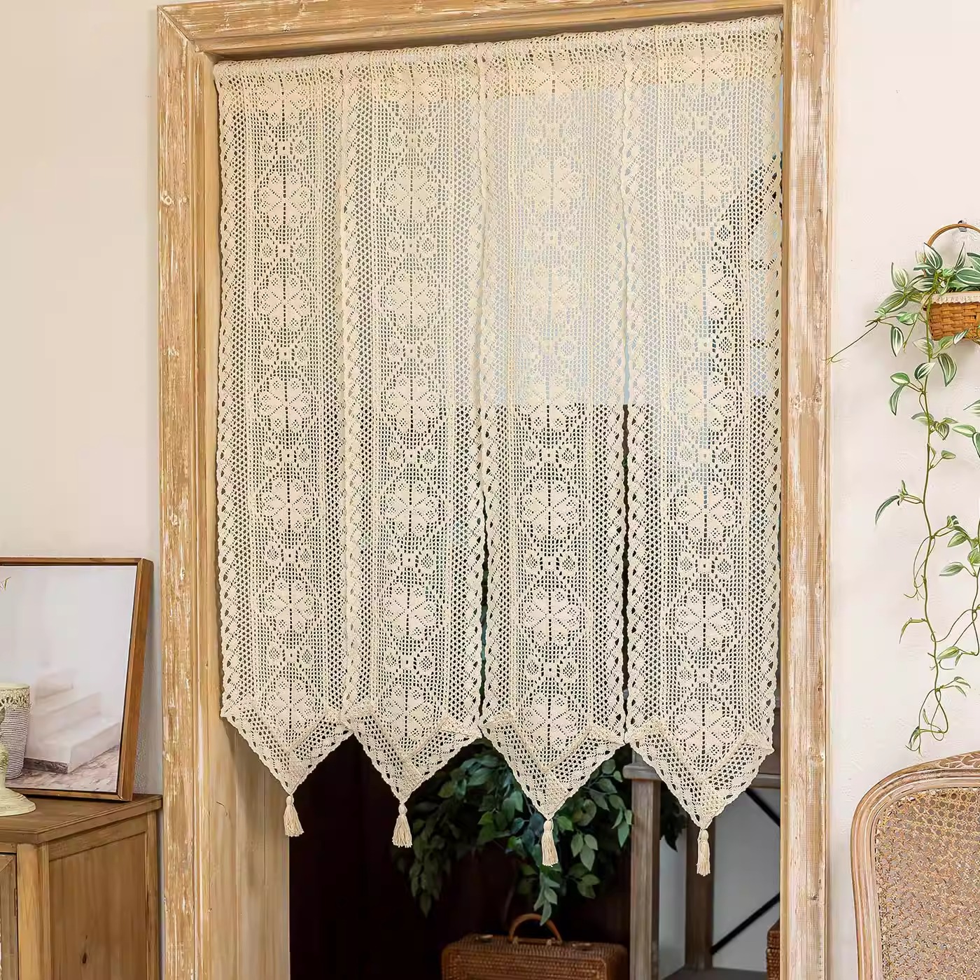 美式复古田园风钩织门帘风水帘卫生间挂帘厨房门帘隔断帘伸缩杆